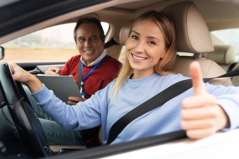 Cours de conduite — élève et moniteur en voiture